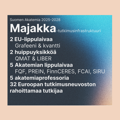 Suomenkielinen juliste: Majakka-tutkimusinfrastruktuuri 2025–2028 valkoisella tekstillä siniliilalla taustalla