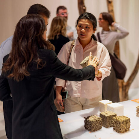 People at an exhibition discuss rough and smooth building material cubes on a white table beside a brown info board