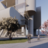 Thumbnail of Modern building with unique architecture, people walking and cycling in a plaza with green and pink blossoming trees.