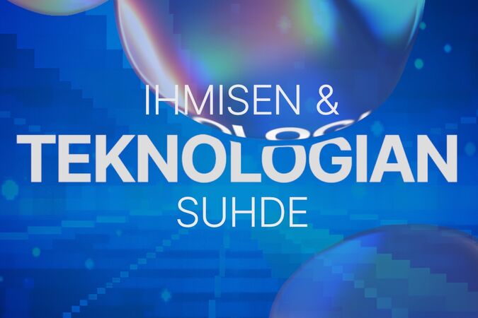 Sinisävyinen teknologiajuliste, jossa hohtavia muotoja ja teksti: ihmisen ja teknologian suhde