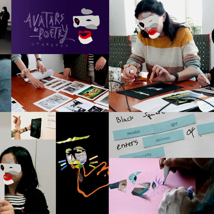 Collage of people working on art projects, digital avatars, and poetry workshop materials.