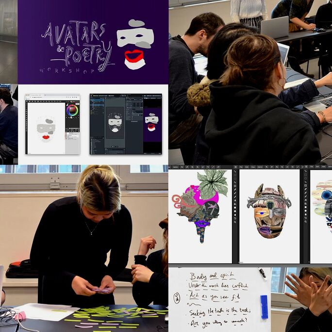 Collage of people at a workshop creating digital avatars, with screens showing avatar designs and people working on laptops.