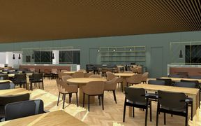 Kuvassa näkyy Kauppakorkeakoulun uuden rakennuksen Arvo-ravintola.