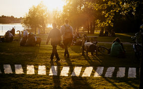 people sitting and walking around in a park in summery sunset
