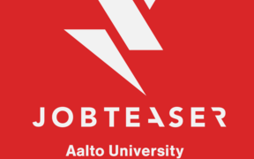 Punaisella taustalla JobTeaserin logo ja teksti Aalto University Career Services
