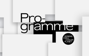 Programme in black and white font, on black and white background with fragmented effect.