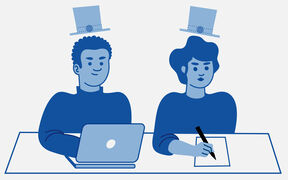 Two doctoral students, one working with a laptop and one with pen on paper, both with imaginary doctoral hats floating above their heads.