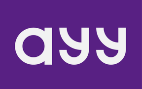 AYY logo, white AYY text of purple background