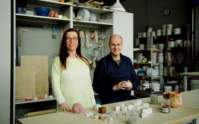 Professors Maarit Mäkelä and Jussi Leveinen at the Aalto ceramics workshop developing a clay-based alternative to concrete. Photo: Hayley Le