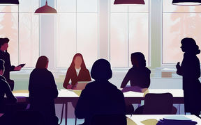 Silhouetted people in a meeting around tables in a light-filled room with large windows and hanging lamps.