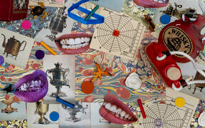 A collage with images of teapots, decorated lips, and target sheets, over a marbled background with colourful objects.