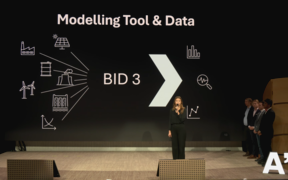 A student presenting group work results in a course gala