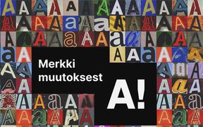 Erilaisia A-kirjaimia kollaasissa, keskellä teksti 'Merkki muutoksesta' kuvaamassa Aalto-yliopistoa ja aaltolaisia opiskelijoita ja tutkijoita muutoksen tekijinä.