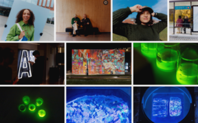 Kollaasi erilaisista kohtauksista, mukaan lukien ihmiset, abstrakti taide, vihreästi valaistut laboratoriopurkit ja hohtavat esineet UV-valossa.