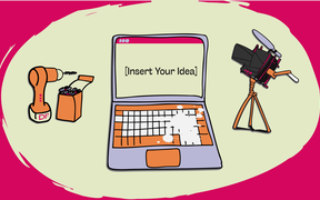 Illustration of a drill, box of screws, laptop with 'Insert Your Idea' text, and a camera on tripod against a pink background.