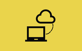 A black laptop icon connected to a cloud icon by a dashed line, on a yellow background.