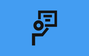 Icon of a person presenting a document or screen, with a blue background.
