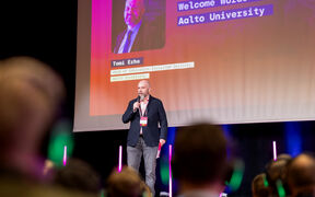 Tomi Erho, head of Innovation Ecosystem Services at Aalto University, on stage at NORDEEP 2025