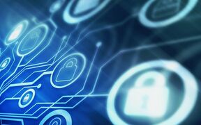 Digital circuit board with padlock icons symbolising cybersecurity, glowing in blue light.