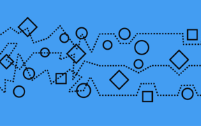 Black circles and squares connected by dotted lines on a blue background.