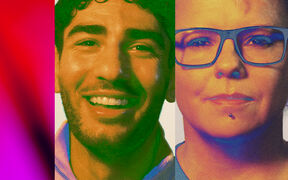 A triptych image with vibrant colours. Left: red and purple gradient. Centre and right: blurred faces with colourful backgrounds.