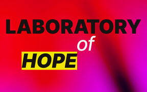Text 'LABORATORY of HOPE' on a red and pink gradient background. 'HOPE' is highlighted in yellow.