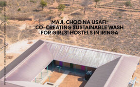 Aerial view of a school compound with students gathered outside. Text about sustainable WASH for girls' hostels in Iringa.
