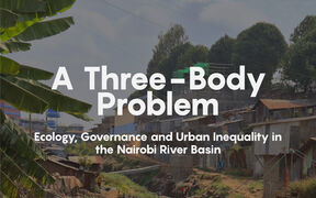 Book cover showing a polluted river in an urban area with people walking along it. Title: A Three-Body Problem.