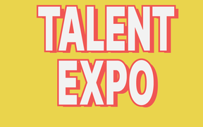 Keltainen tausta, jossa lukee 'Talent Expo' suurilla valkoisilla kirjaimilla, joita ympäröi pinkki.