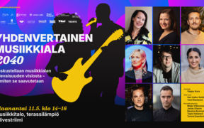 Tapahtumajuliste, jossa kitarasiluettti, tekstiä ja puhujapotretteja musiikkialalta
