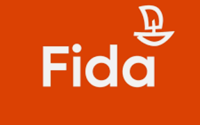 White word Fida and stylised boat logo on a bright orange square background