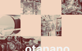 Collage of nano lab machines and researchers on pale peach background with white text “otananO”.
