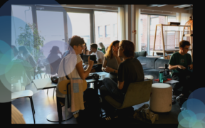 Students chatting with Unite! logo