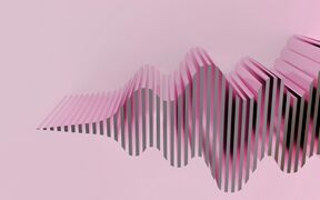 Abstract pink and grey wavy stripes forming a ribbon-like shape on a pale pink background