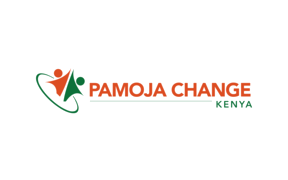 Logo with orange and green figures in a ring and text: PAMOJA CHANGE KENYA in orange and green