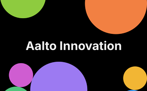 Text ‘Aalto Innovation’ on black background with colourful circles of different sizes around it