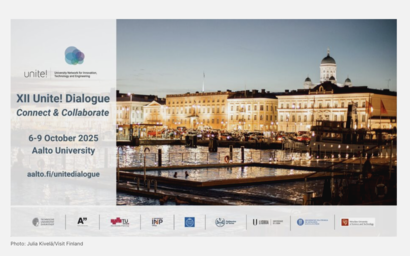 Advertisement for the XII Unite! Dialogue conference at Aalto University, showing a night view of Helsinki waterfront.