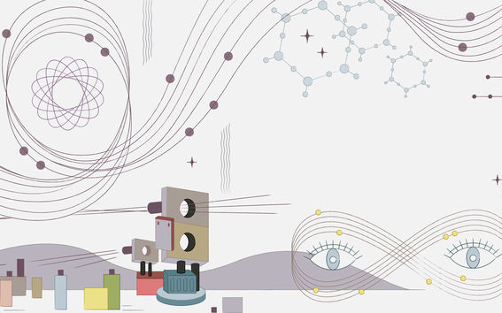 Kuvituskuva symbloloi fotoniikan sovelluskohteita, joita on lähes loputtomasti. Kuvassa on muun muassa ääretön-merkki, josta on tehty silmälasit. Kuvittaja: Jolanda Jokinen.