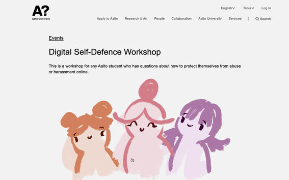 Digitaalisen itsepuolustuskurssin kuvitteellinen tapahtumailmoitus. Kuva: Volha Furs, Hanna Kiss and Robert Hedengren