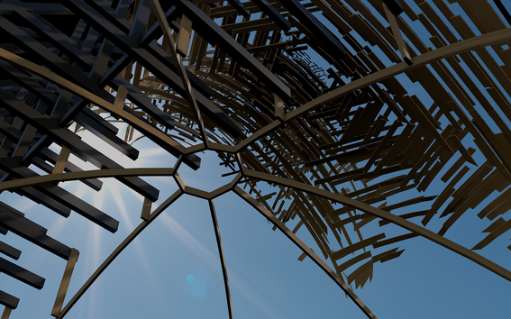 Kuvassa näkyy sinistä taivasta ja 3D-mallinnuksella tehtyjä kirkon kattorakenteita.