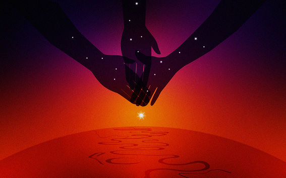 Sini-punasävyisessä piirroksessa on kolme yhteenliittynyttä kättä maapallon yläpuolella avaruudessa ja välissä tuikkii tähti.