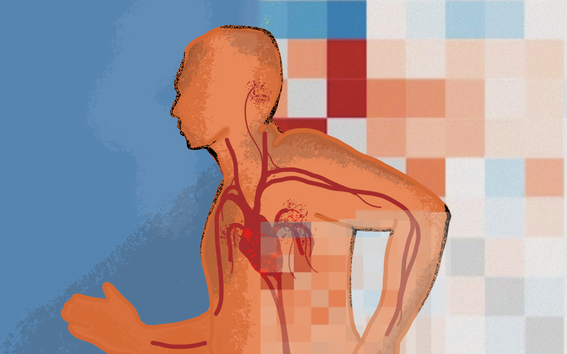 A running, abstract human figure in front of a background that turns into pixels.