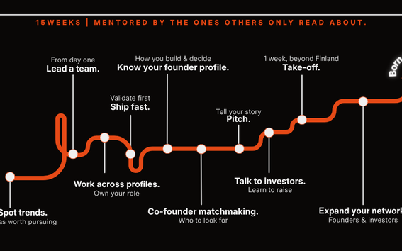 Black infographic with an orange startup journey line from spotting trends to take-off and a “Born to build” arrow.
