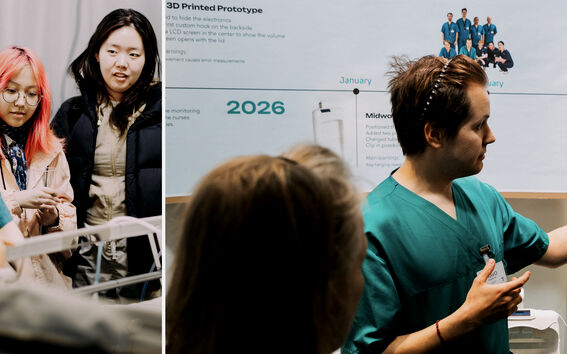 Healthcare students discuss a prototype beside a timeline poster in a clinical classroom