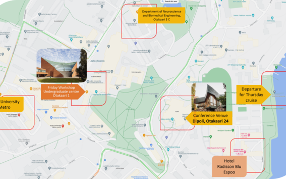 Map of Aalto University area with marked metro, workshop, conference venue, cruise departure and hotel