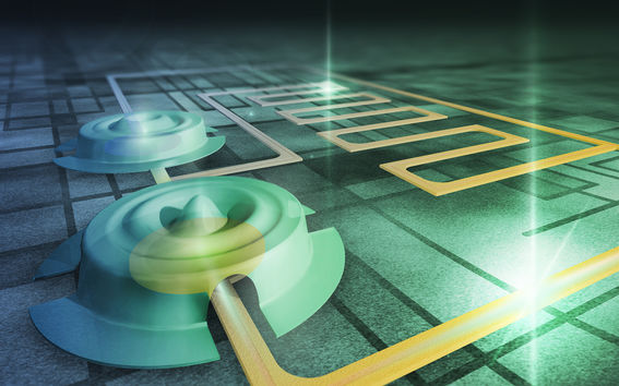 An illustration of the 15-micrometre-wide drumheads prepared on silicon chips used in the experiment. The drumheads vibrate at a high ultrasound frequency, and the peculiar quantum state predicted by Einstein was created from the vibrations.