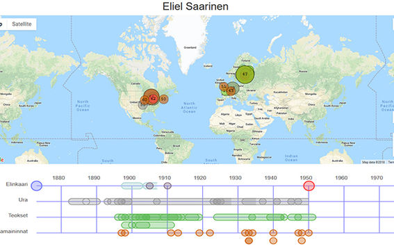 Details of the life and work of architect Eliel Saarinen in map and timeline views in the BiographySampo.