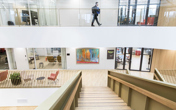 Alaspäin vievät portaat, projektitiloja lasiseinien takana