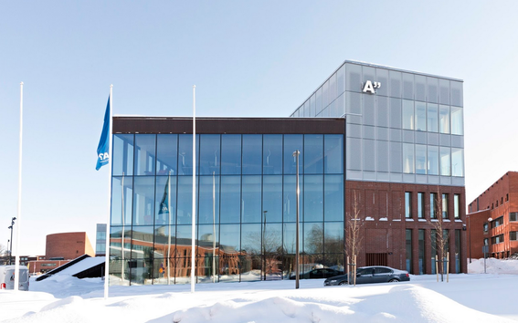 The phot shows the new School of Business in winter
