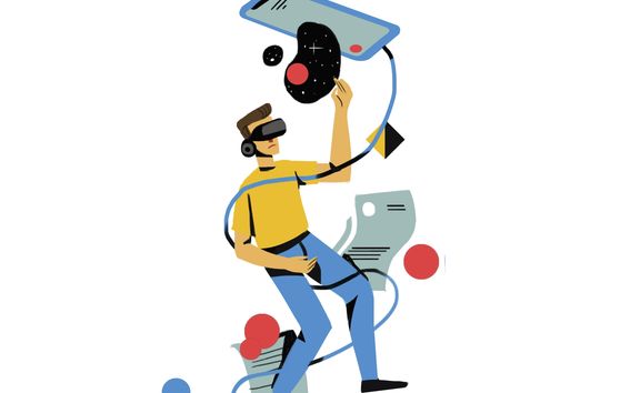 Kuvituskuva esittää opiskelijaa virtuaalilasit päässä. Kuvitus: Parvati Pillai.